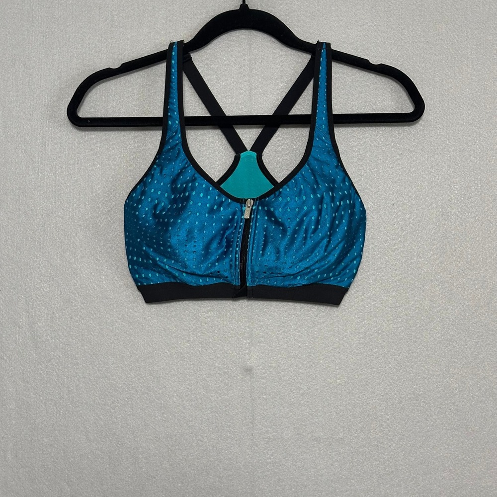 VSX Victoria's Secret Sport Front Zip Sports Bra Teal Blue Polka Dot 34D‎